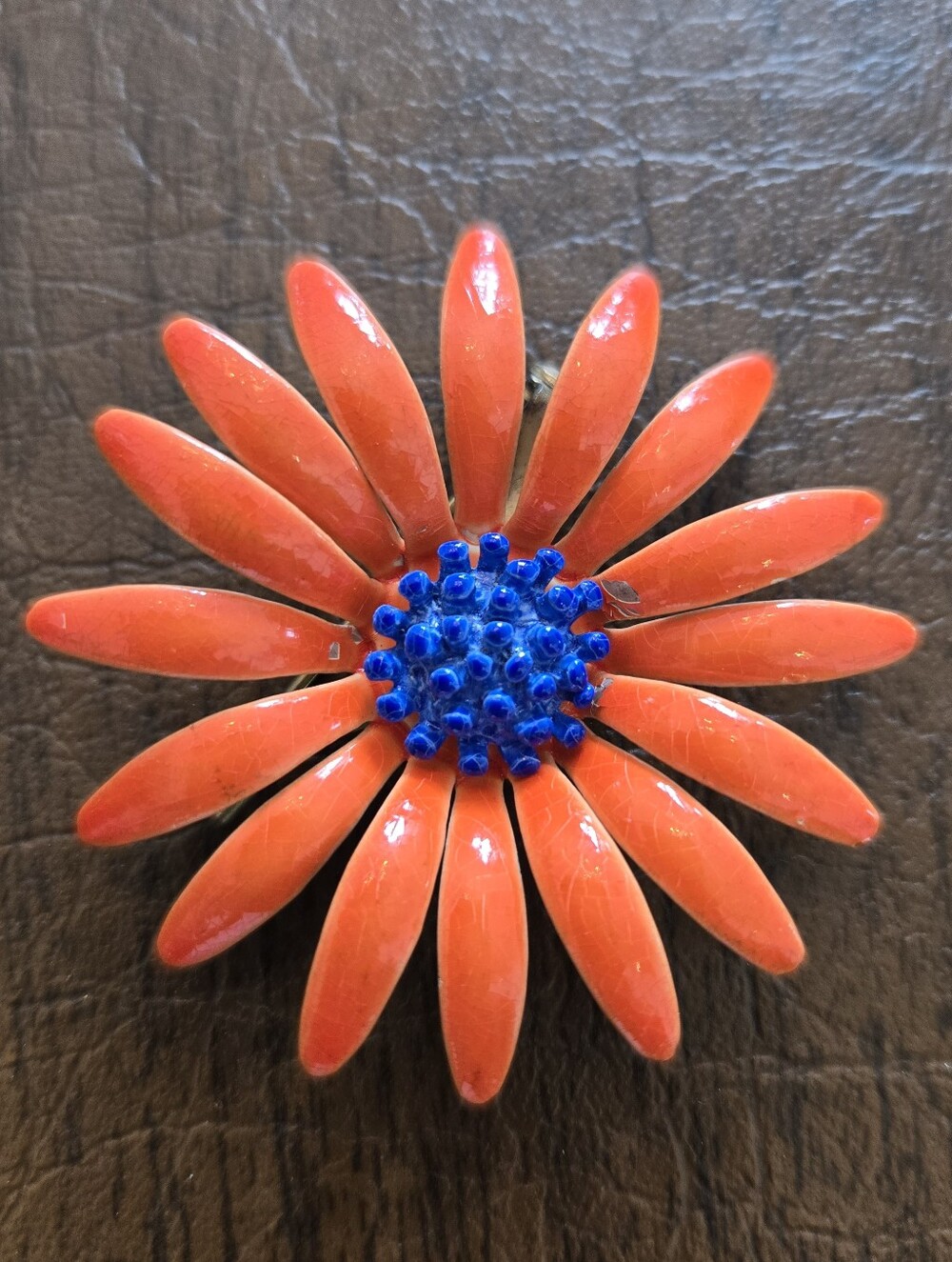 Vintage Enamel Daisy Flower Brooch Coral Orange Blue Center 60s 70s Mod Pin